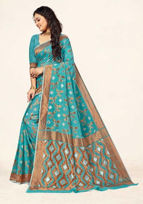 Sky Blue Motif Cotton Saree Set