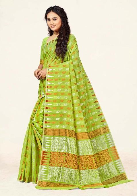 Lime Green Motif Cotton Saree Set
