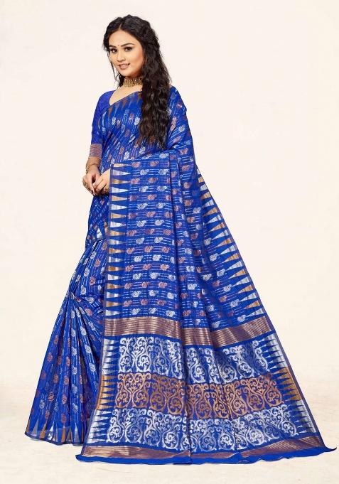 Royal Blue Motif Cotton Saree Set