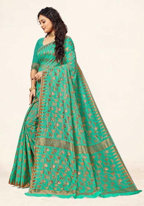 Sea Green Motif Cotton Saree Set
