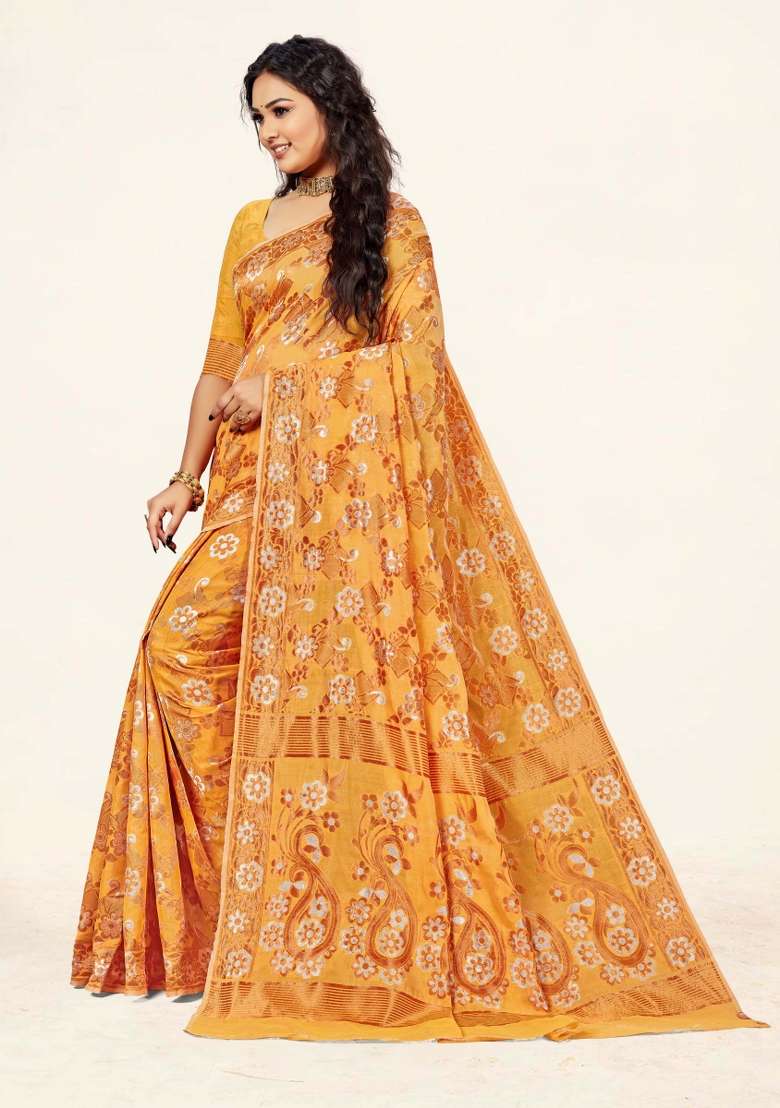 Mustard Yellow Motif Cotton Saree Set - Indya