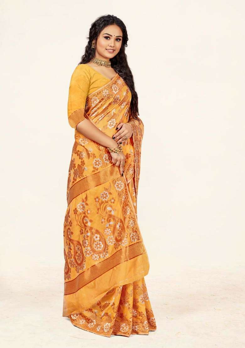 Mustard Yellow Motif Cotton Saree Set - Indya