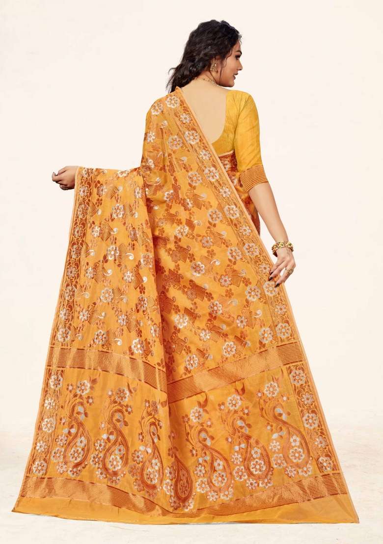 Mustard Yellow Motif Cotton Saree Set - Indya