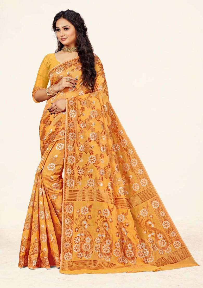 Mustard Yellow Motif Cotton Saree Set - Indya