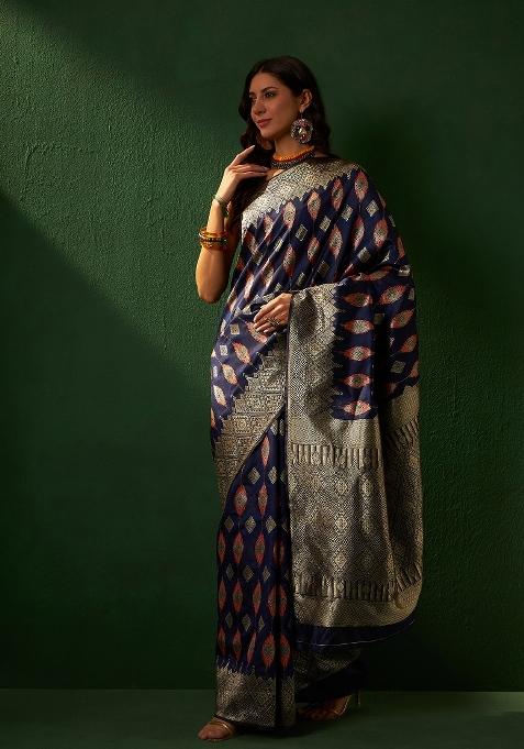 Navy Blue Motif Silk Saree Set