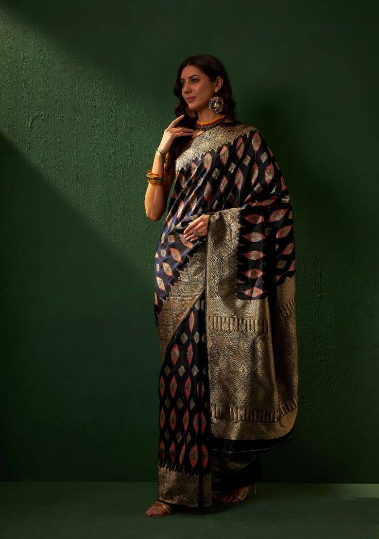 Black Motif Silk Blend Saree Set - Indya