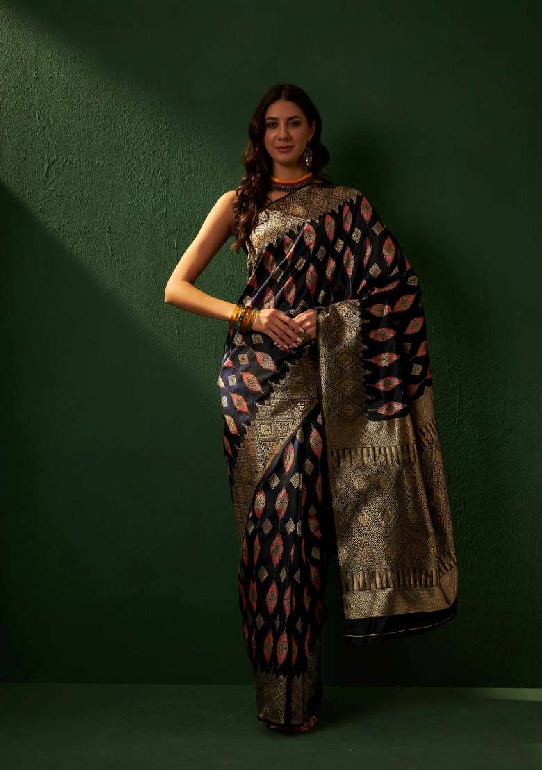 Black Motif Silk Blend Saree Set - Indya