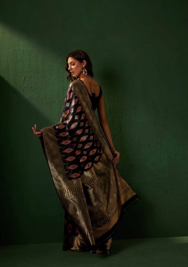 Black Motif Silk Blend Saree Set - Indya