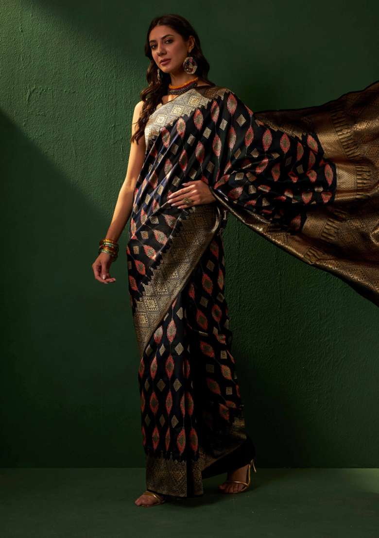 Black Motif Silk Blend Saree Set - Indya