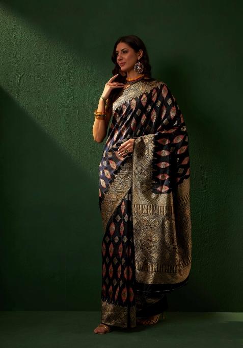 Black Motif Silk Saree Set