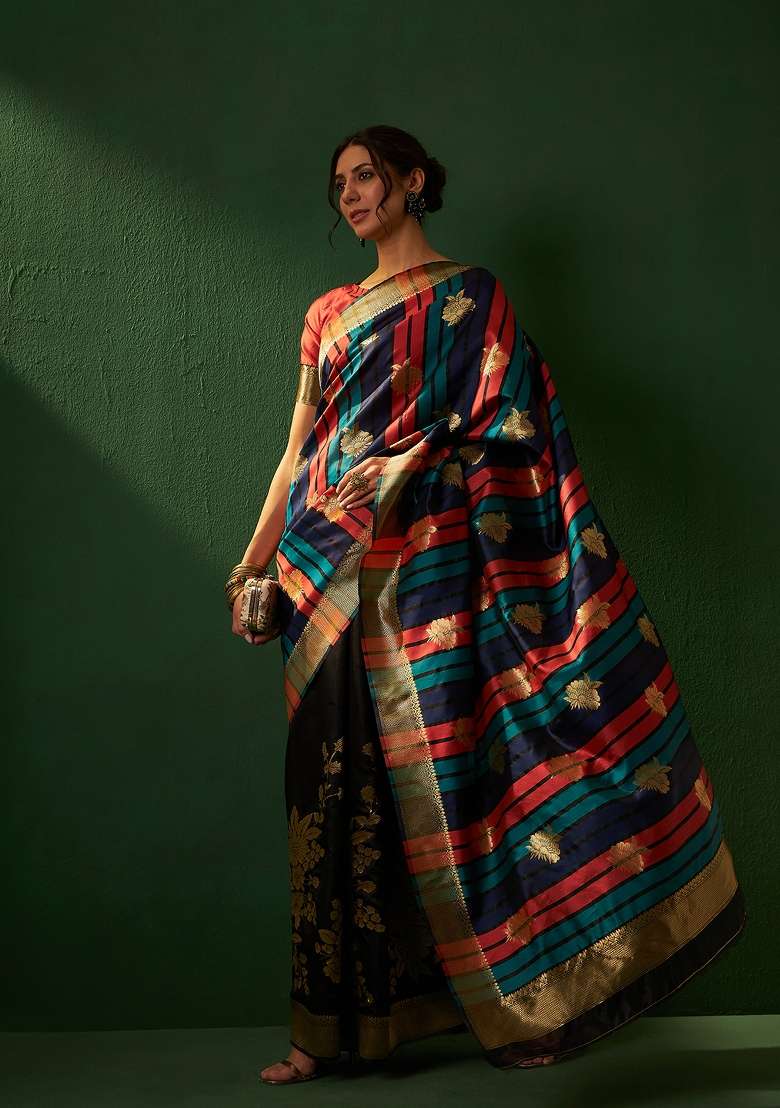Black Motif Silk Blend Saree Set - Indya