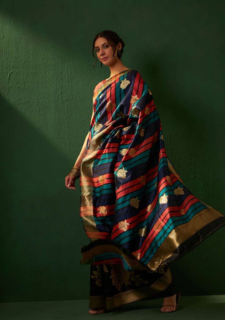 Black Motif Silk Blend Saree Set - Indya