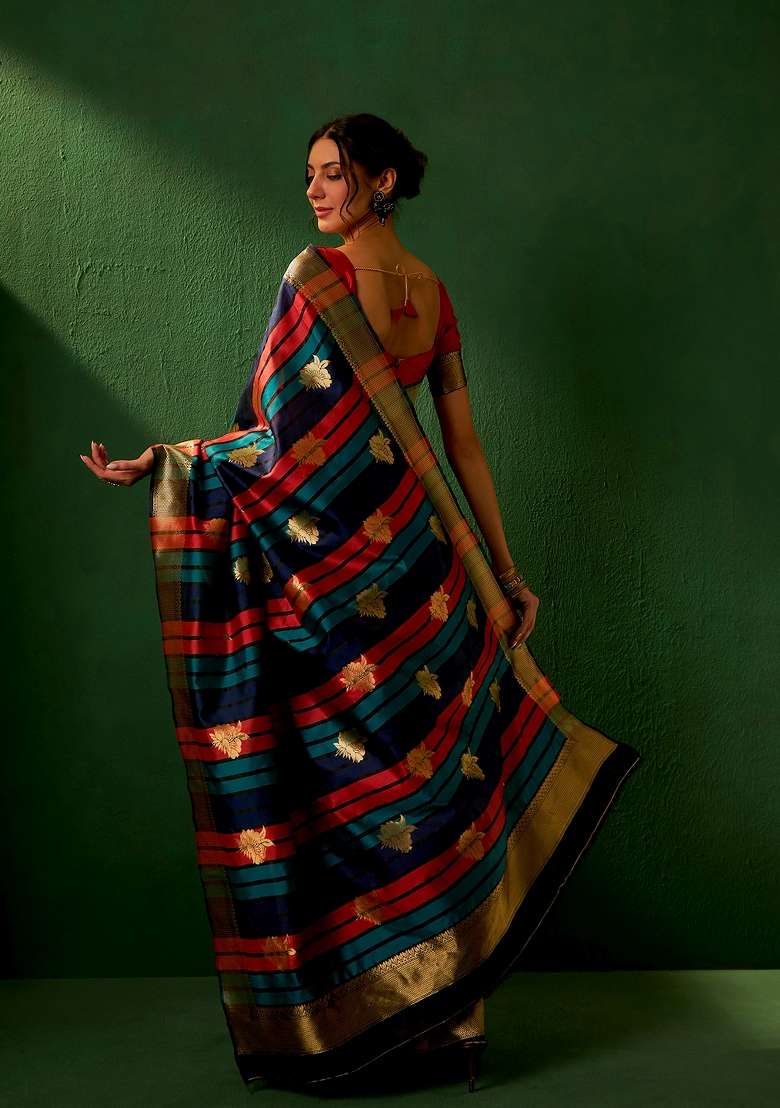 Black Motif Silk Blend Saree Set - Indya
