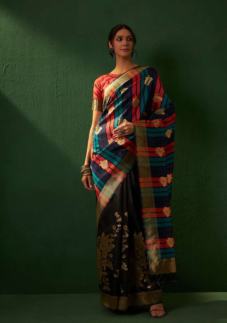 Black Motif Silk Blend Saree Set - Indya