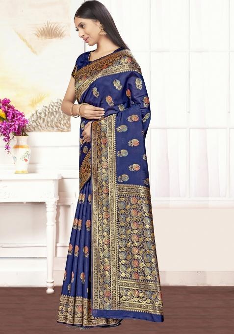 Navy Blue Motif Silk Saree Set