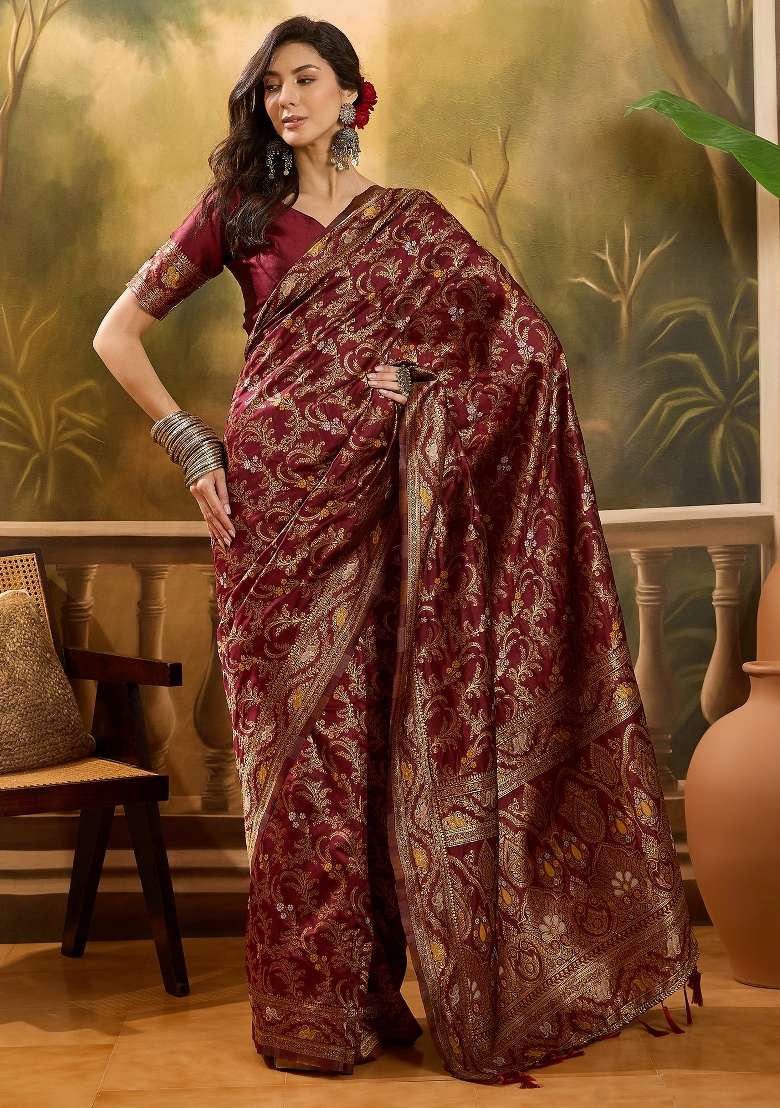 Maroon Motif Jacquard Saree Set - Indya