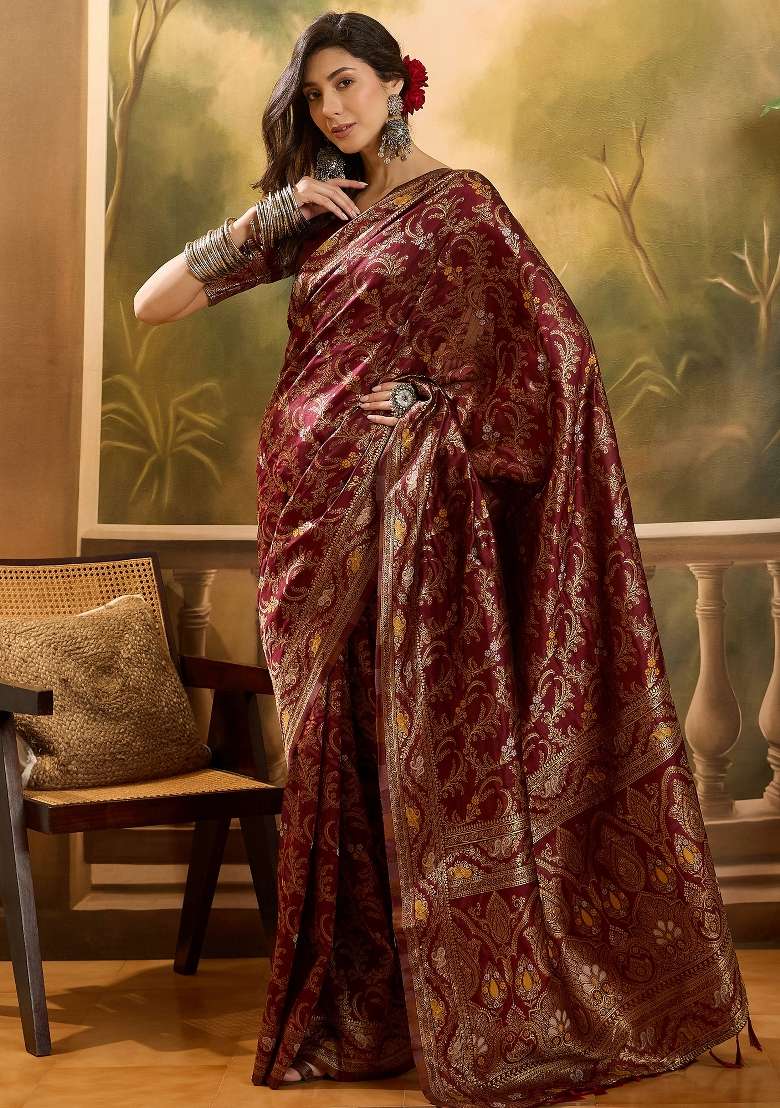 Maroon Motif Jacquard Saree Set - Indya