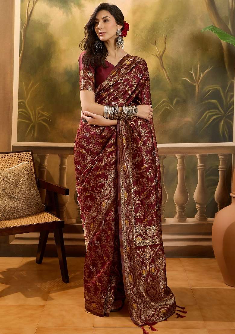 Maroon Motif Jacquard Saree Set - Indya