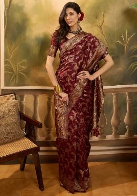 Maroon Motif Jacquard Saree Set