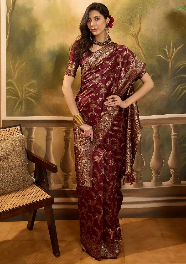 Maroon Motif Jacquard Saree Set - Indya