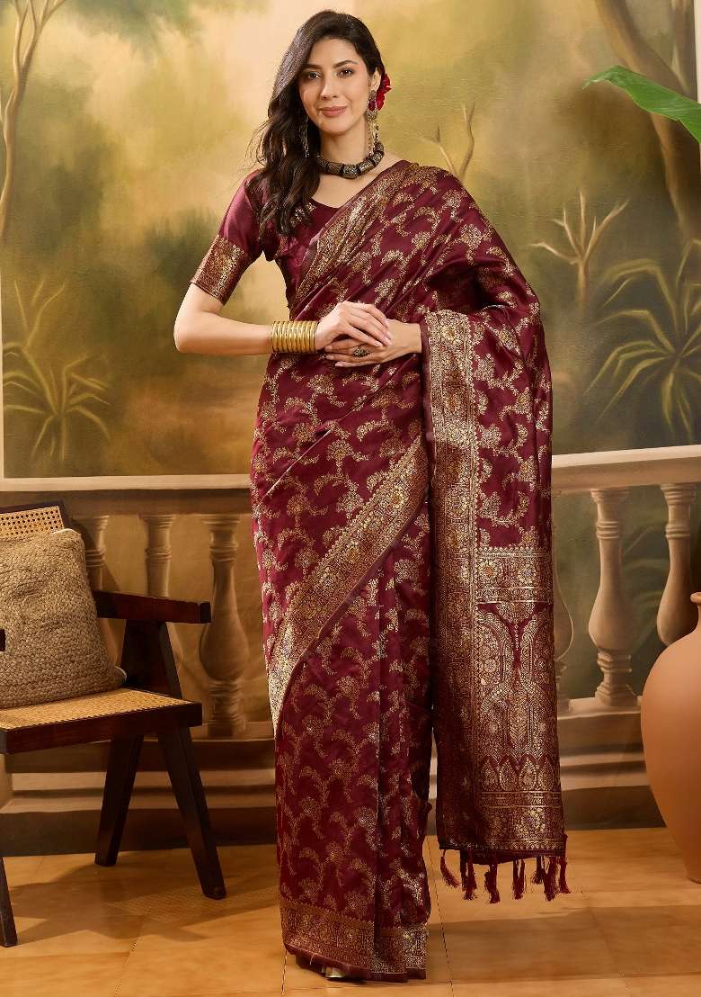 Maroon Motif Jacquard Saree Set - Indya