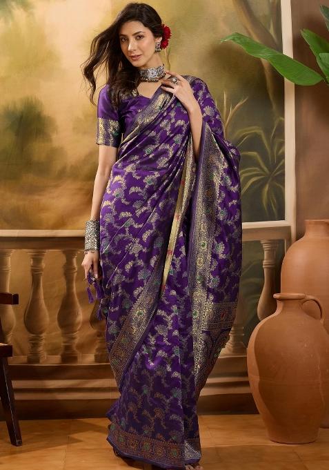 Wine Motif Jacquard Saree Set