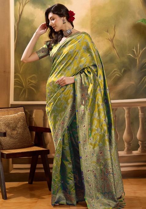 Lime Green Motif Jacquard Saree Set