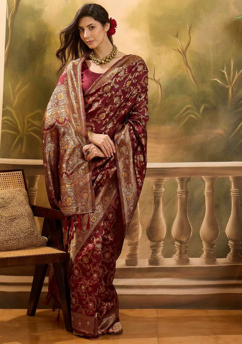 Maroon Motif Jacquard Saree Set - Indya