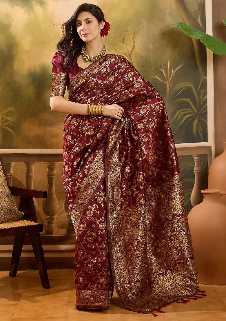 Maroon Motif Jacquard Saree Set - Indya