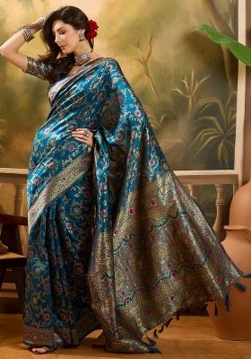 Teal Blue Motif Jacquard Saree Set