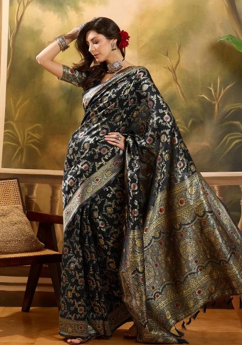 Black Motif Jacquard Saree Set