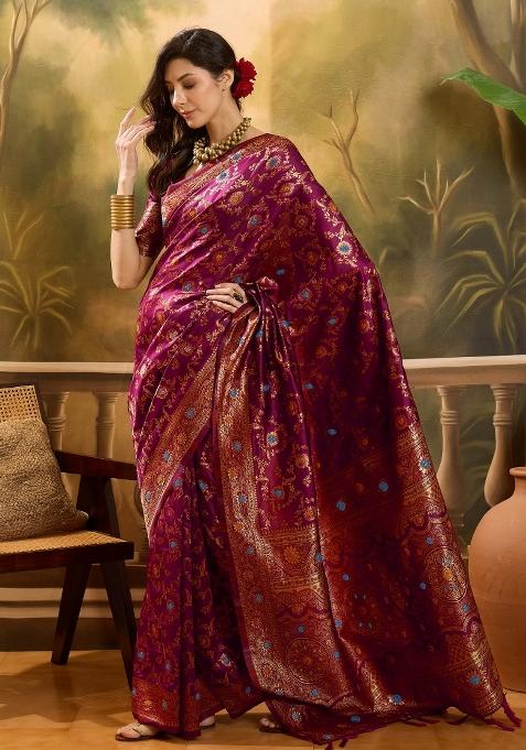 Magenta Motif Jacquard Saree Set