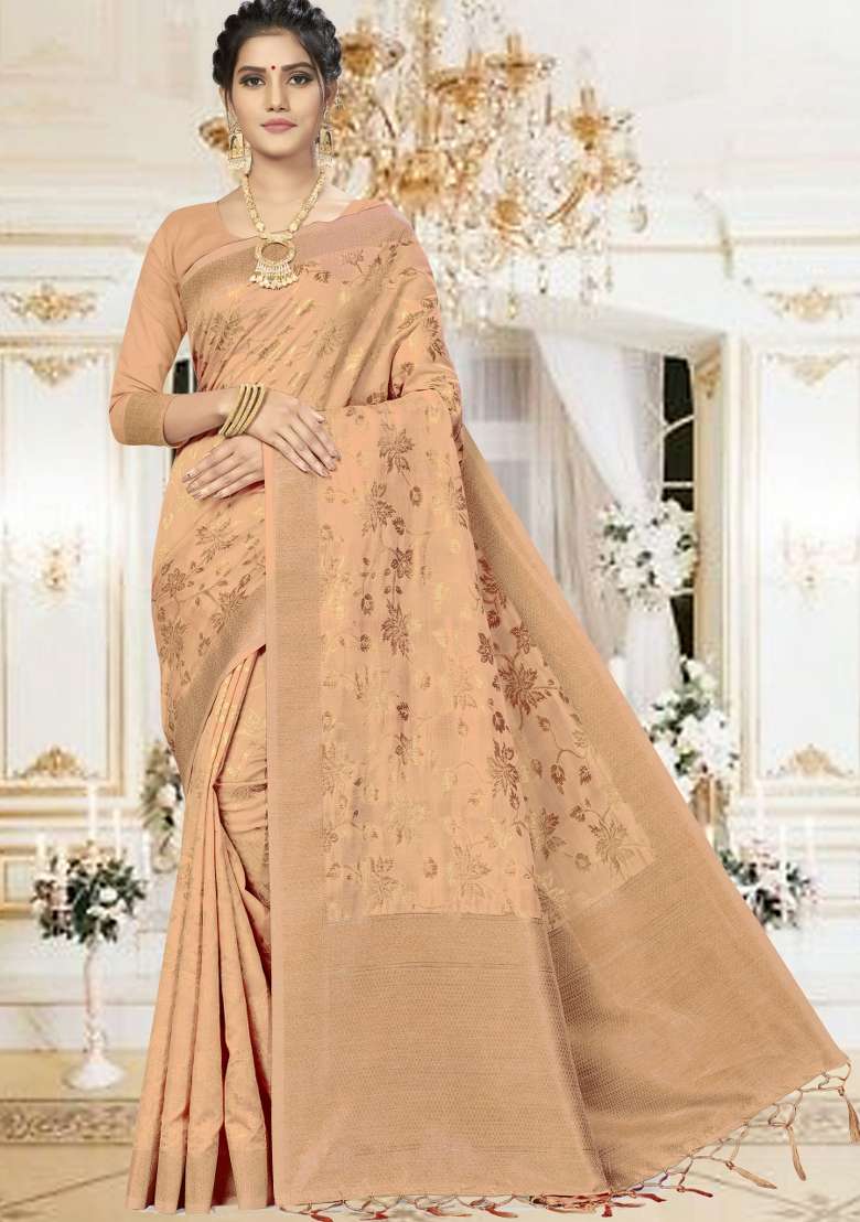 Beige Motif Silk Saree Set - Indya