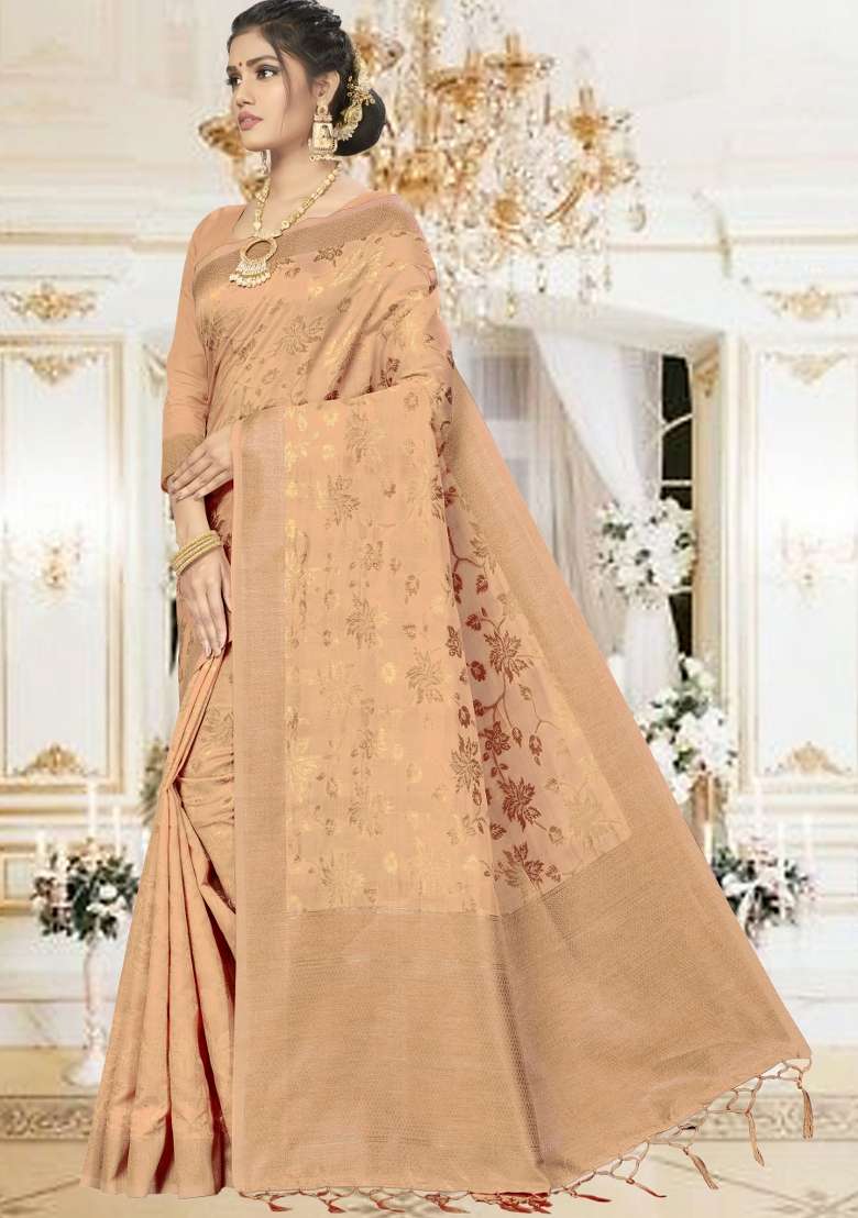 Beige Motif Silk Saree Set - Indya