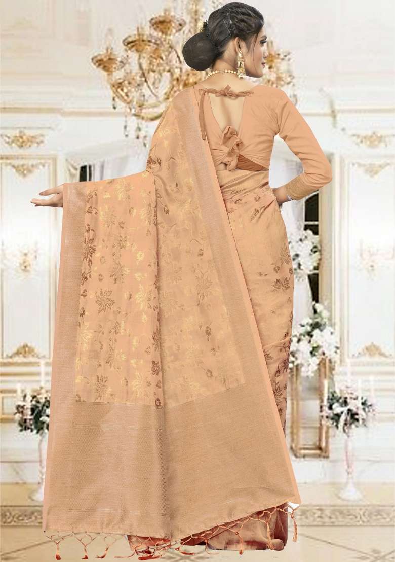 Beige Motif Silk Saree Set - Indya