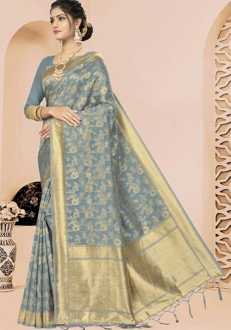 Grey Motif Silk Saree Set
