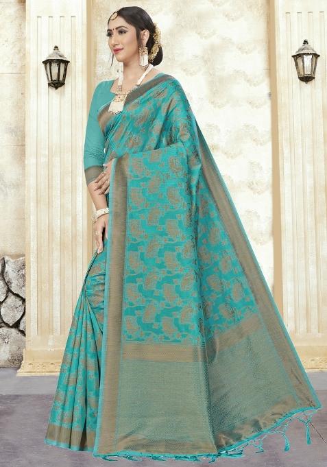 Firoji Motif Silk Saree Set