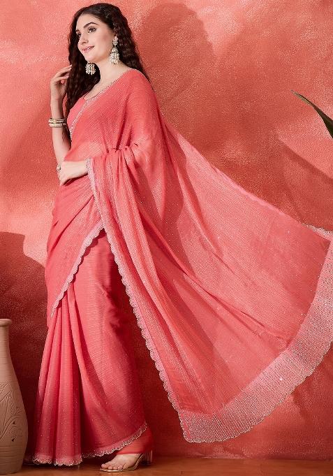 Peach Embellished Silk Saree Set