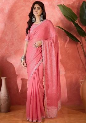 Pink Embellished Silk Saree Set
