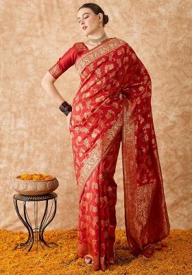 Red Motif Silk Saree Set