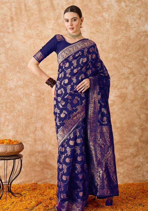 Navy Blue Motif Silk Saree Set