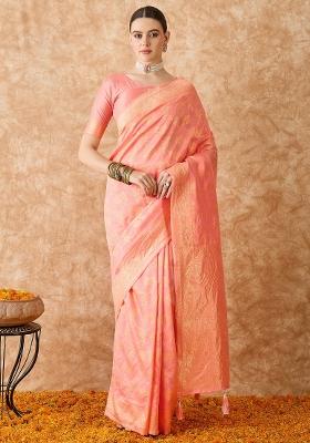 Peach Motif Silk Saree Set