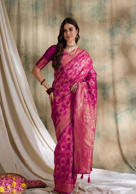 Pink Motif Silk Saree Set