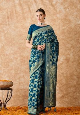 Teal Blue Motif Silk Saree Set