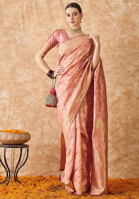 Rose Gold Motif Silk Saree Set