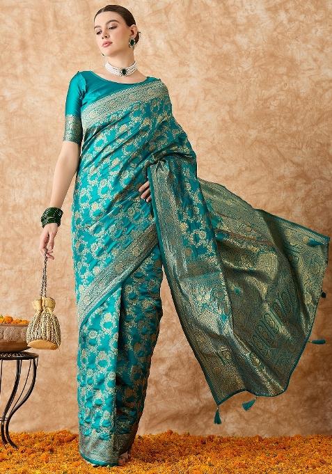 Sky Blue Motif Silk Saree Set