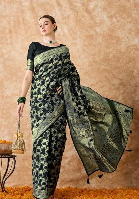 Black Motif Silk Saree Set