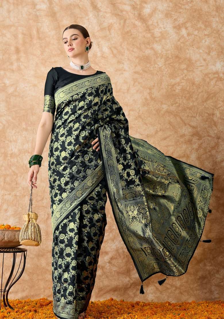 Black Motif Silk Blend Saree Set - Indya
