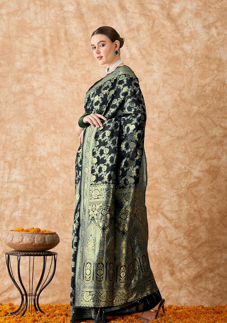 Black Motif Silk Blend Saree Set - Indya