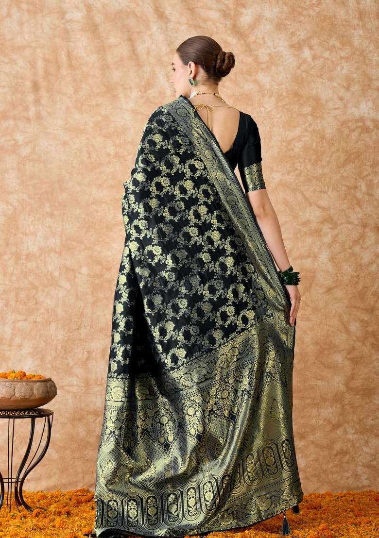 Black Motif Silk Blend Saree Set - Indya